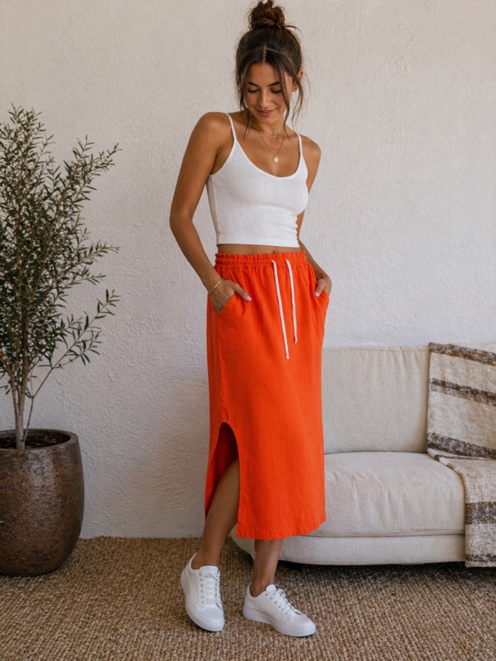 Urban Outfitters Free Est Orange Drawstring Midi Skirt Slit Cotton M